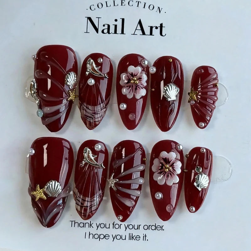 Press-On Nail Set Floral & Shell Accents