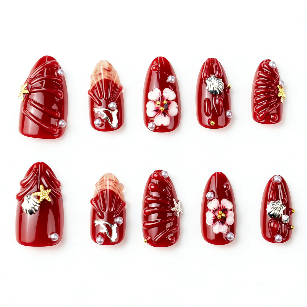 Press-On Nail Set Floral & Shell Designs Easy Application