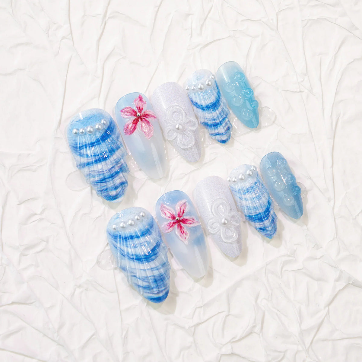 Press-On Nail Set Floral & Shell Designs Easy Application