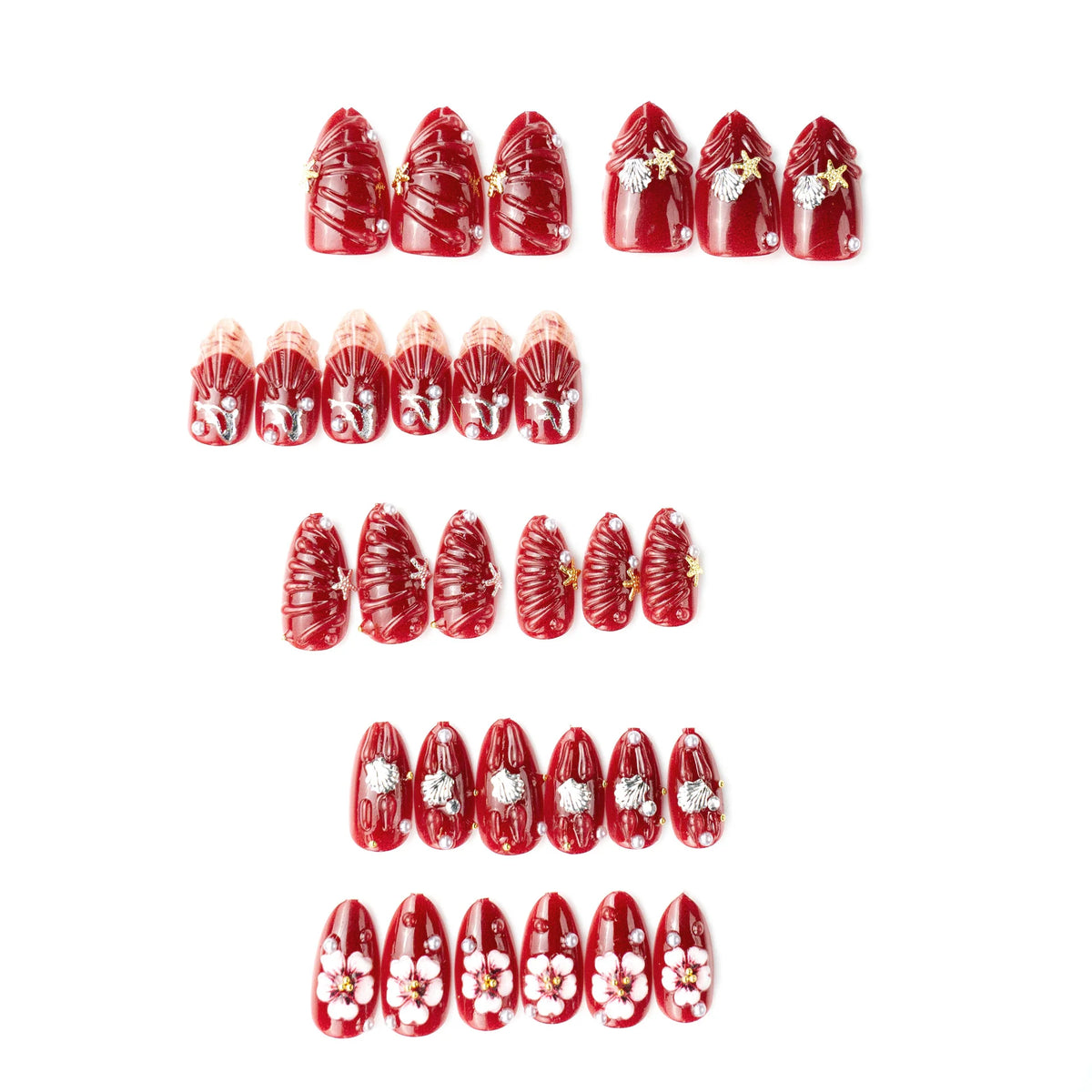Press-On Nail Set Floral & Shell Designs Easy Application