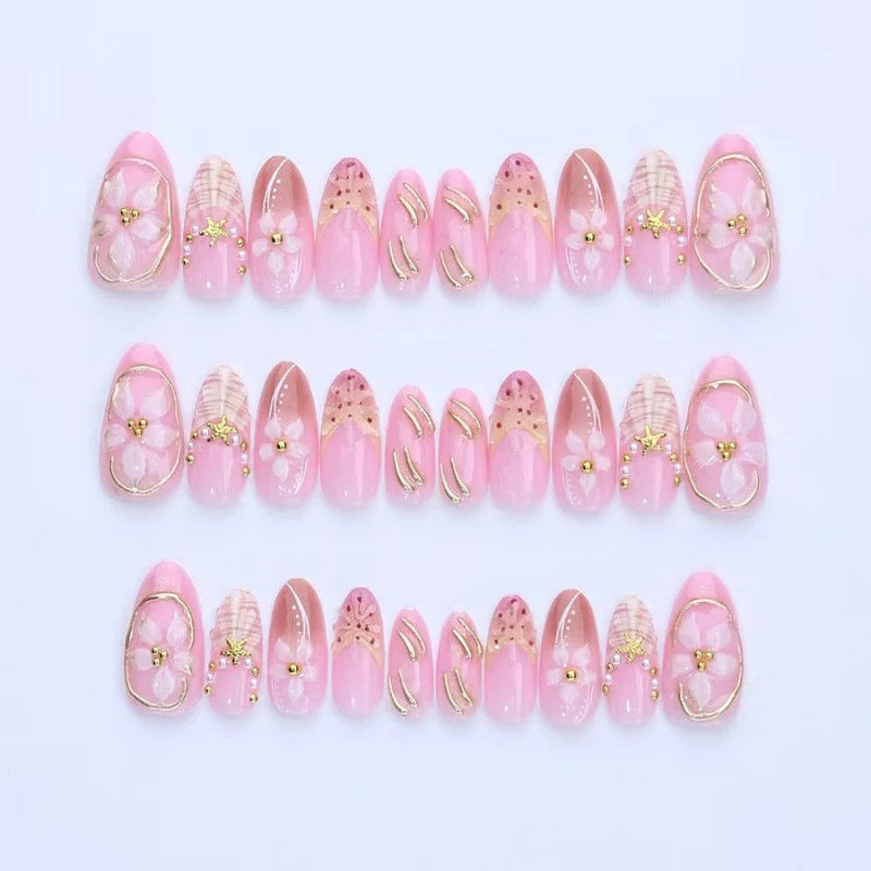 Press-On Nail Set Floral & Shell Embellished Peel-And-Stick Reusable
