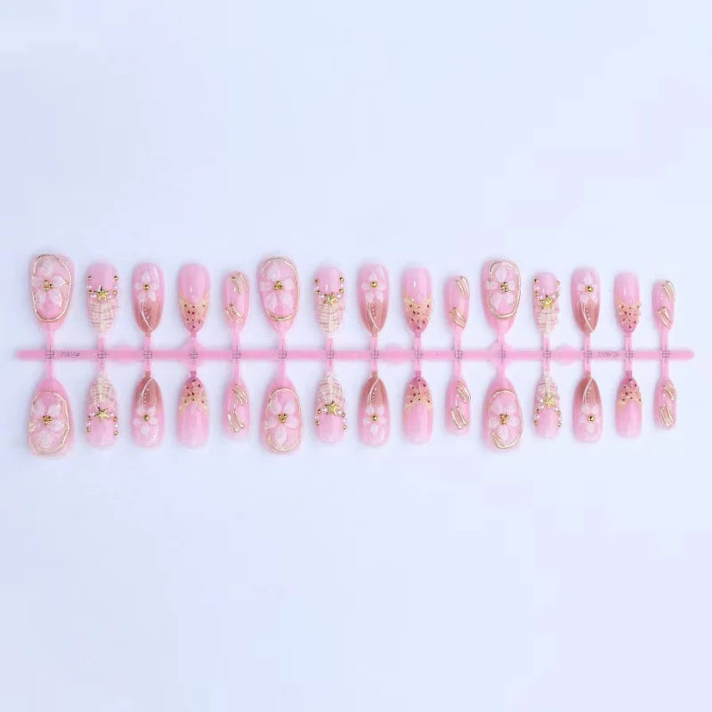 Press-On Nail Set Floral & Shell Embellished Peel-And-Stick Reusable