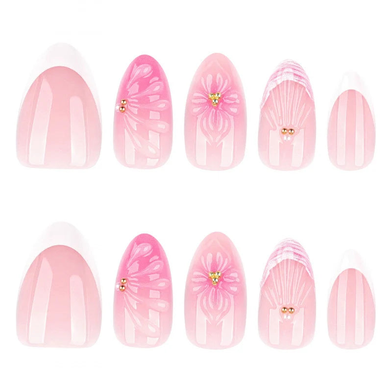 Press-On Nail Set Floral Shell Gems & Easy Application