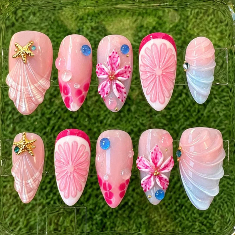 Press-On Nail Set Floral & Shell Self-Adhesive Long-Lasting