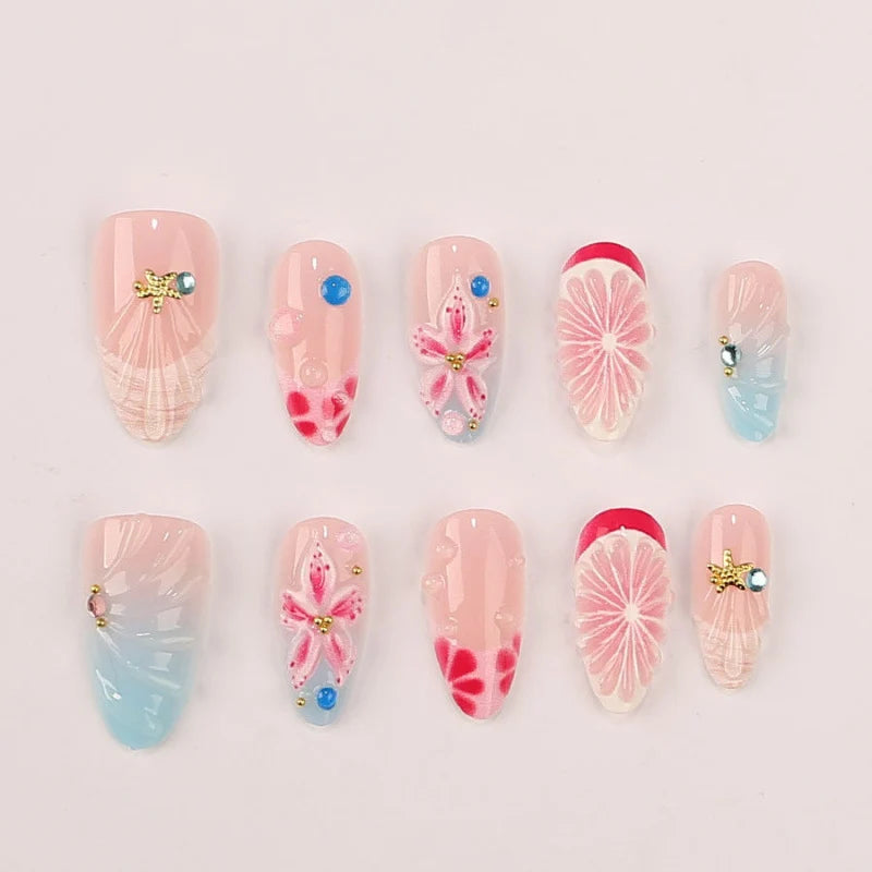 Press-On Nail Set Floral & Shell Self-Adhesive Long-Lasting