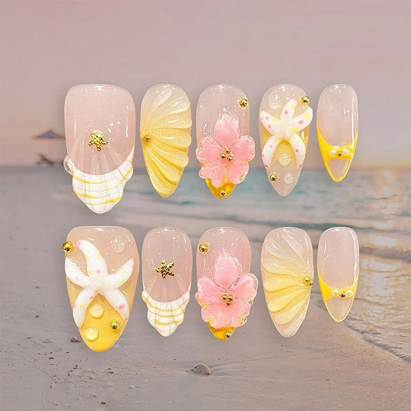 Press-On Nail Set Floral & Shimmer Adhesive Backing