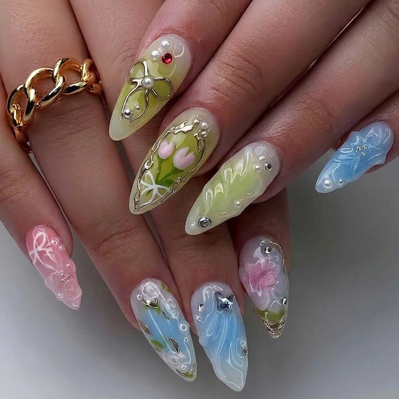 Press-On Nail Set Floral Shimmer Reusable Adhesive Sheets