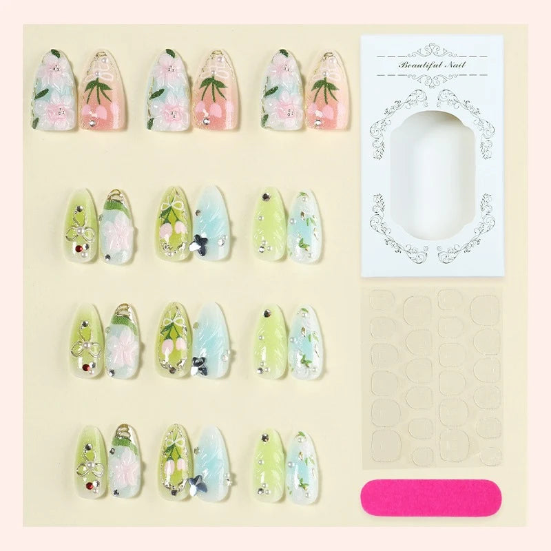 Press-On Nail Set Floral Shimmer Reusable Adhesive Sheets