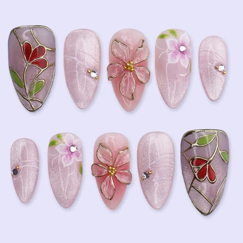 Press-On Nail Set Floral Shimmer Self-Adhesive Multiple Sizes