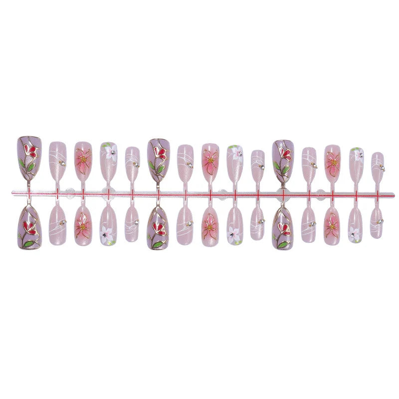 Press-On Nail Set Floral Shimmer Self-Adhesive Multiple Sizes