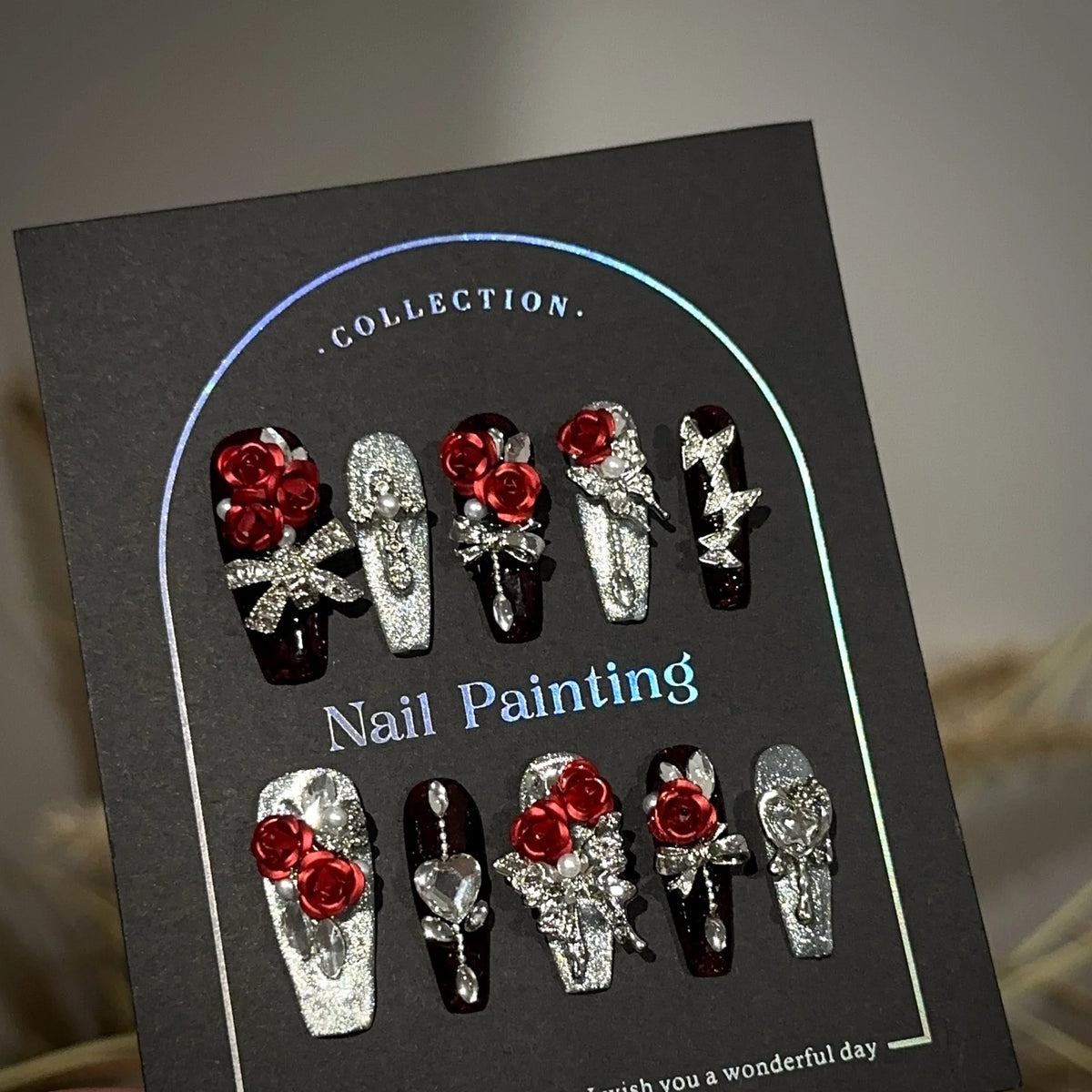 Press-On Nail Set Floral Shimmer & Strong Adhesive