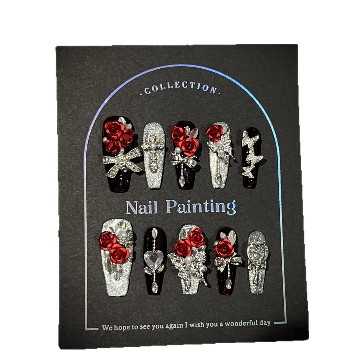 Press-On Nail Set Floral Shimmer & Strong Adhesive