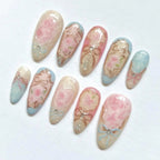 Press-On Nail Set Floral Shiny Accents Adhesive Backing