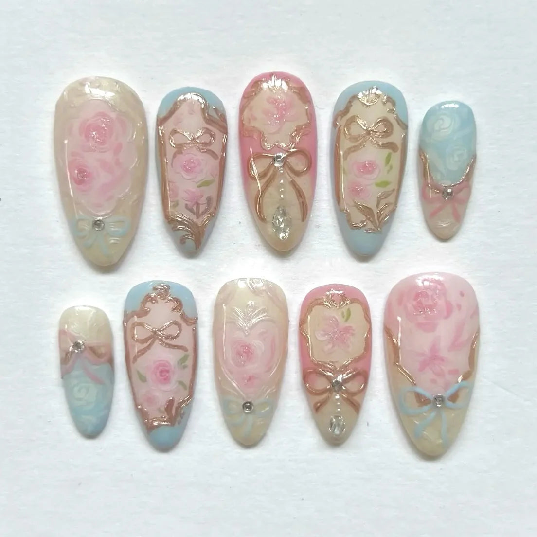 Press-On Nail Set Floral Shiny Accents Adhesive Backing