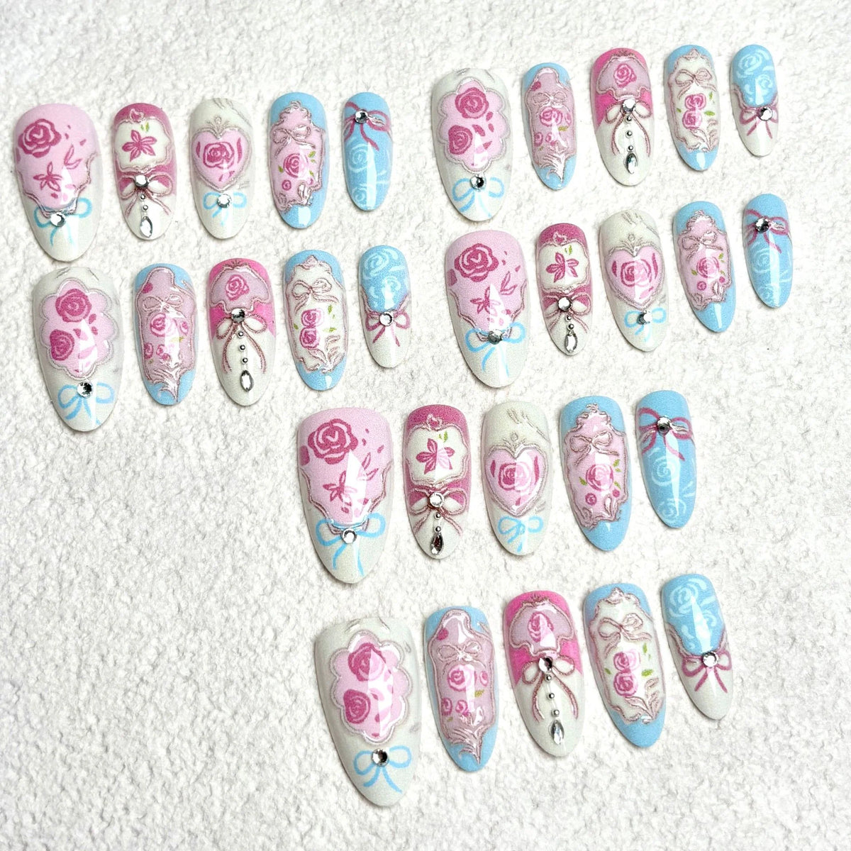 Press-On Nail Set Floral Shiny Accents Adhesive Backing
