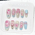Press-On Nail Set Floral Shiny Accents Adhesive Backing