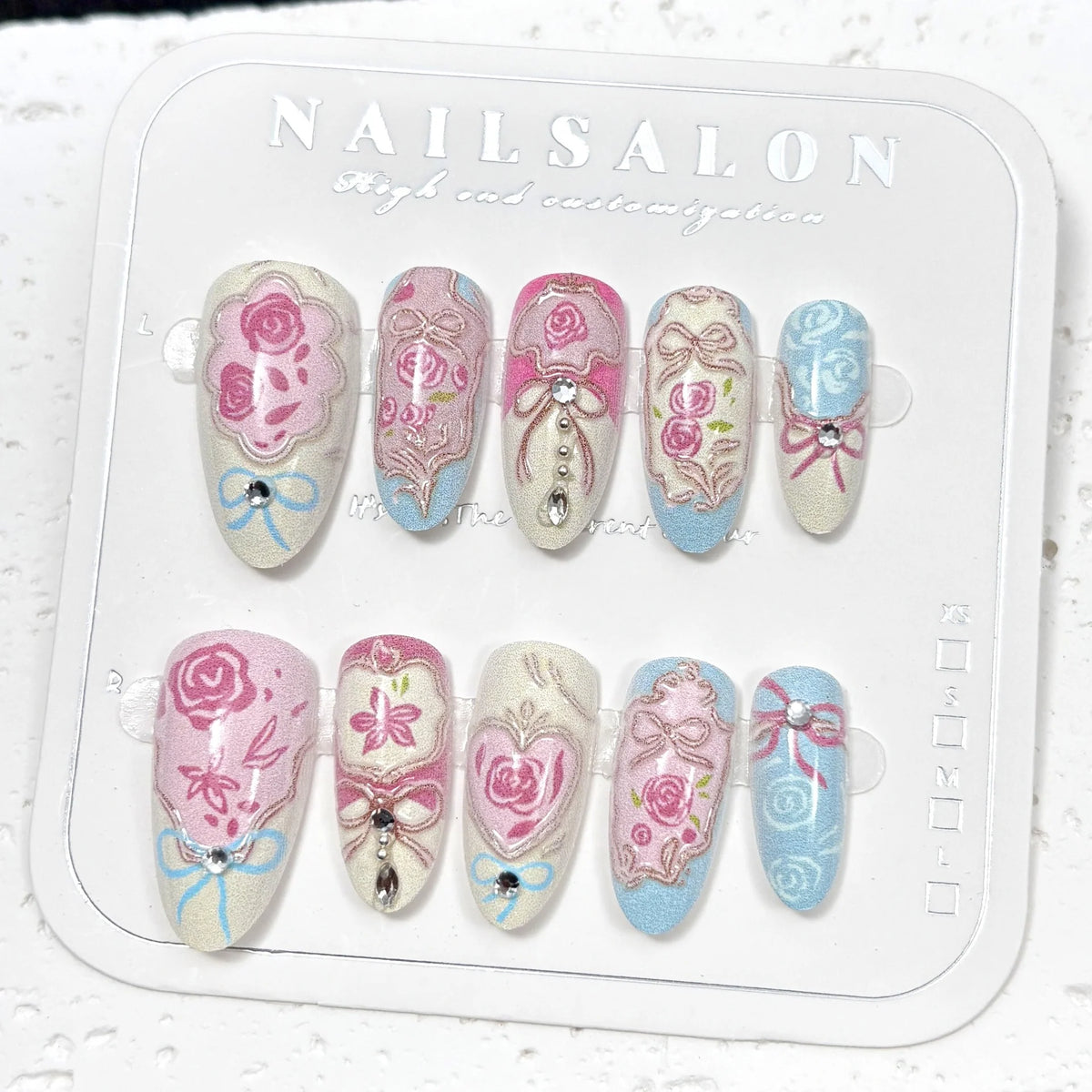 Press-On Nail Set Floral Shiny Accents Adhesive Backing