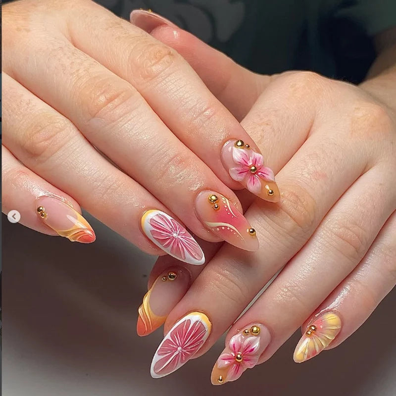 Press-On Nail Set Floral Shiny Accents Includes Glue