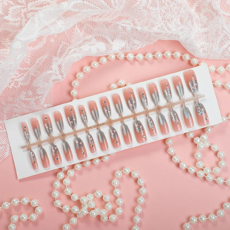 Press-On Nail Set Floral & Silver Reusable Multiple Sizes