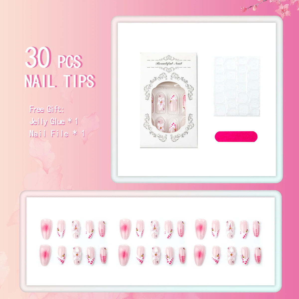 Press-On Nail Set Floral Sparkle Chip-Resistant