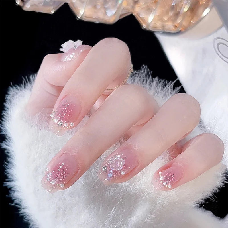 Press-On Nail Set Floral Sparkle Easy Apply