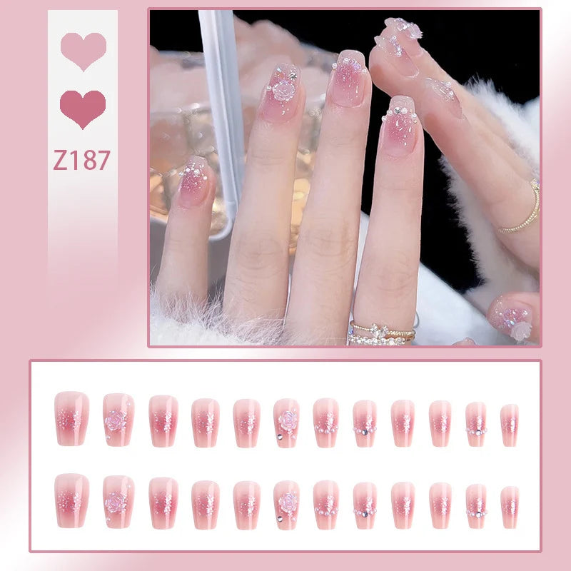 Press-On Nail Set Floral Sparkle Easy Apply