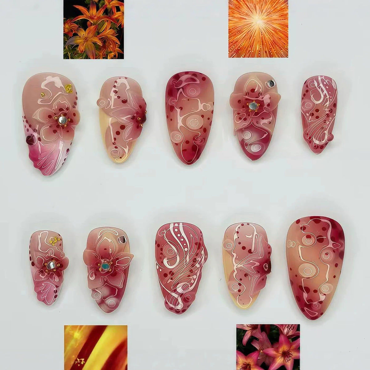 Press-On Nail Set Floral Sparkle No Glue