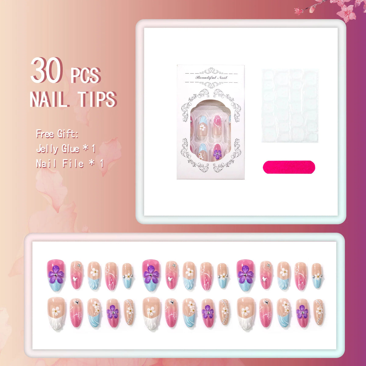Press-On Nail Set Floral & Sparkly Reusable