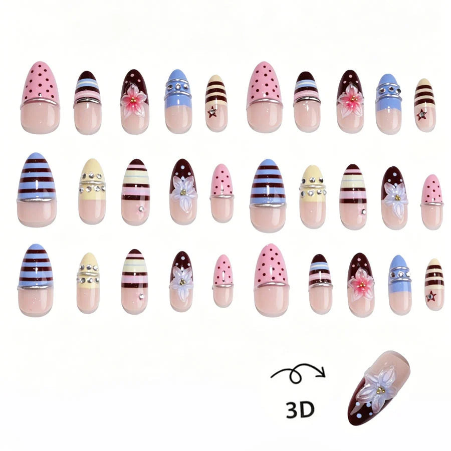 Press-On Nail Set Floral & Striped Reusable Easy Application