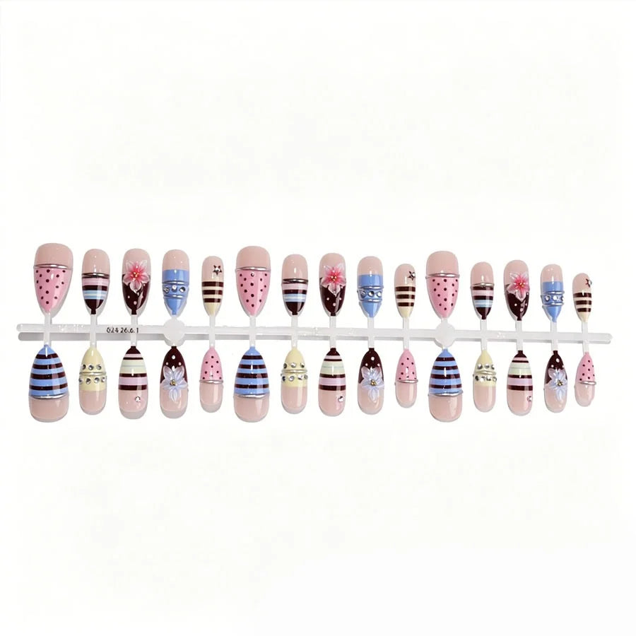 Press-On Nail Set Floral & Striped Reusable Easy Application