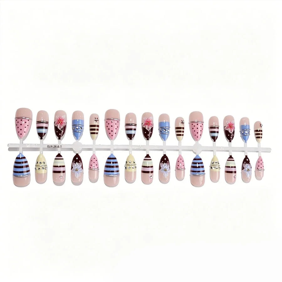Press-On Nail Set Floral & Striped Reusable Easy Application