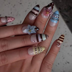 Press-On Nail Set Floral & Striped Reusable Easy Application