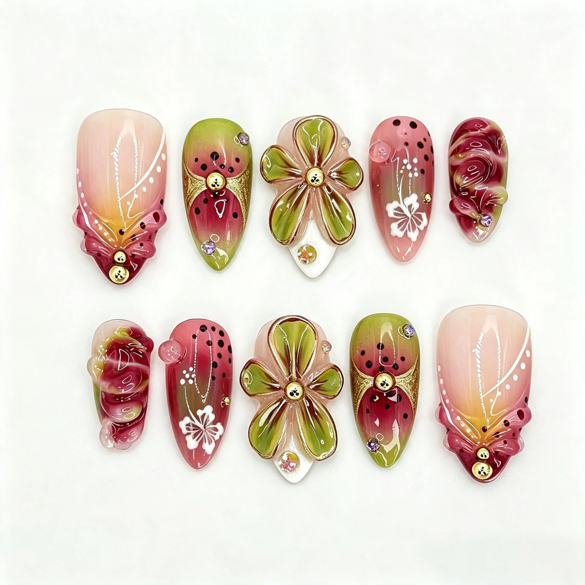 Press-On Nail Set Floral Watermelon Reusable & Lightweight