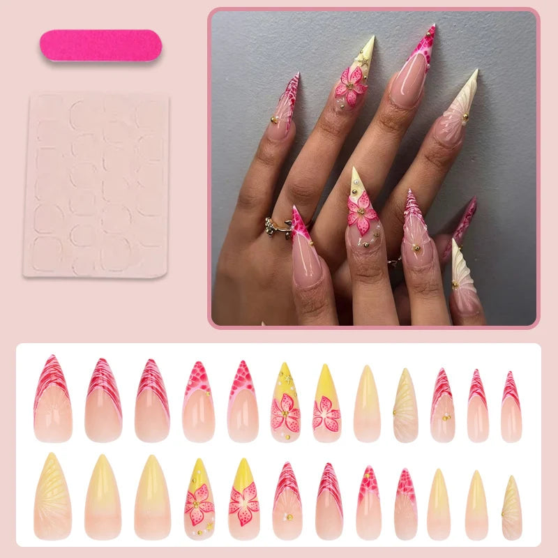 Press-On Nail Set Floral & Wave Flexible Waterproof