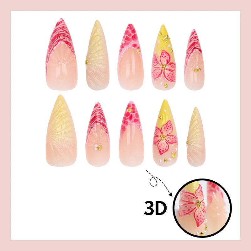Press-On Nail Set Floral & Wave Flexible Waterproof