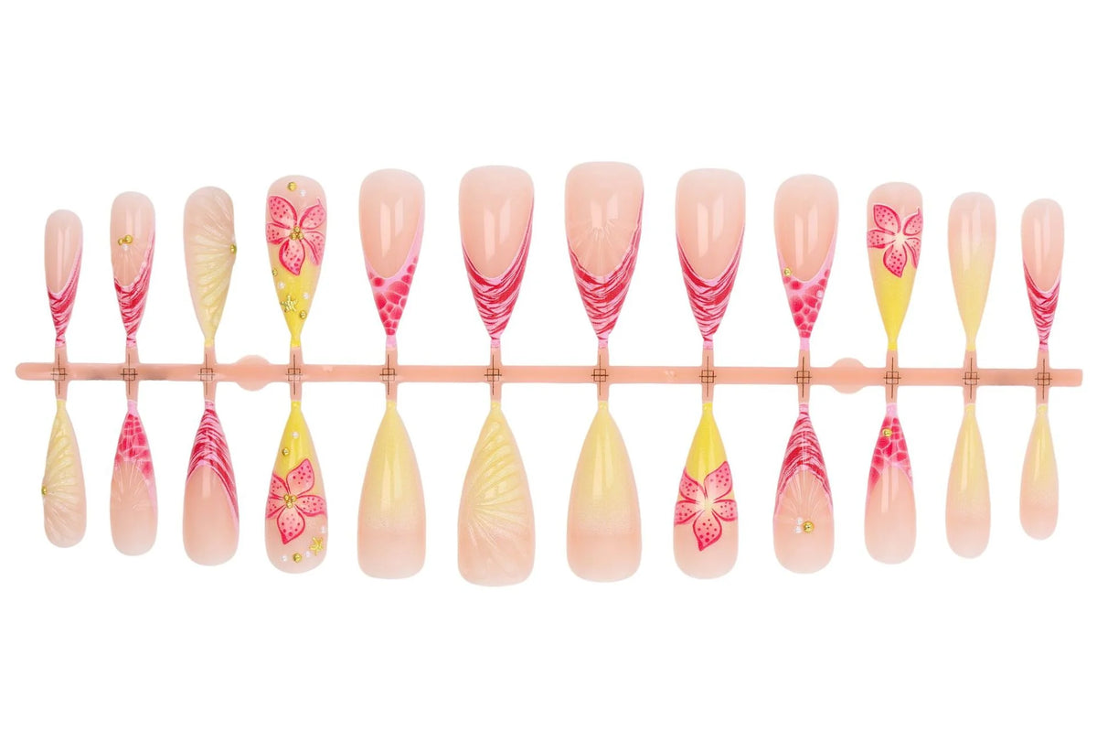 Press-On Nail Set Floral & Wave Flexible Waterproof