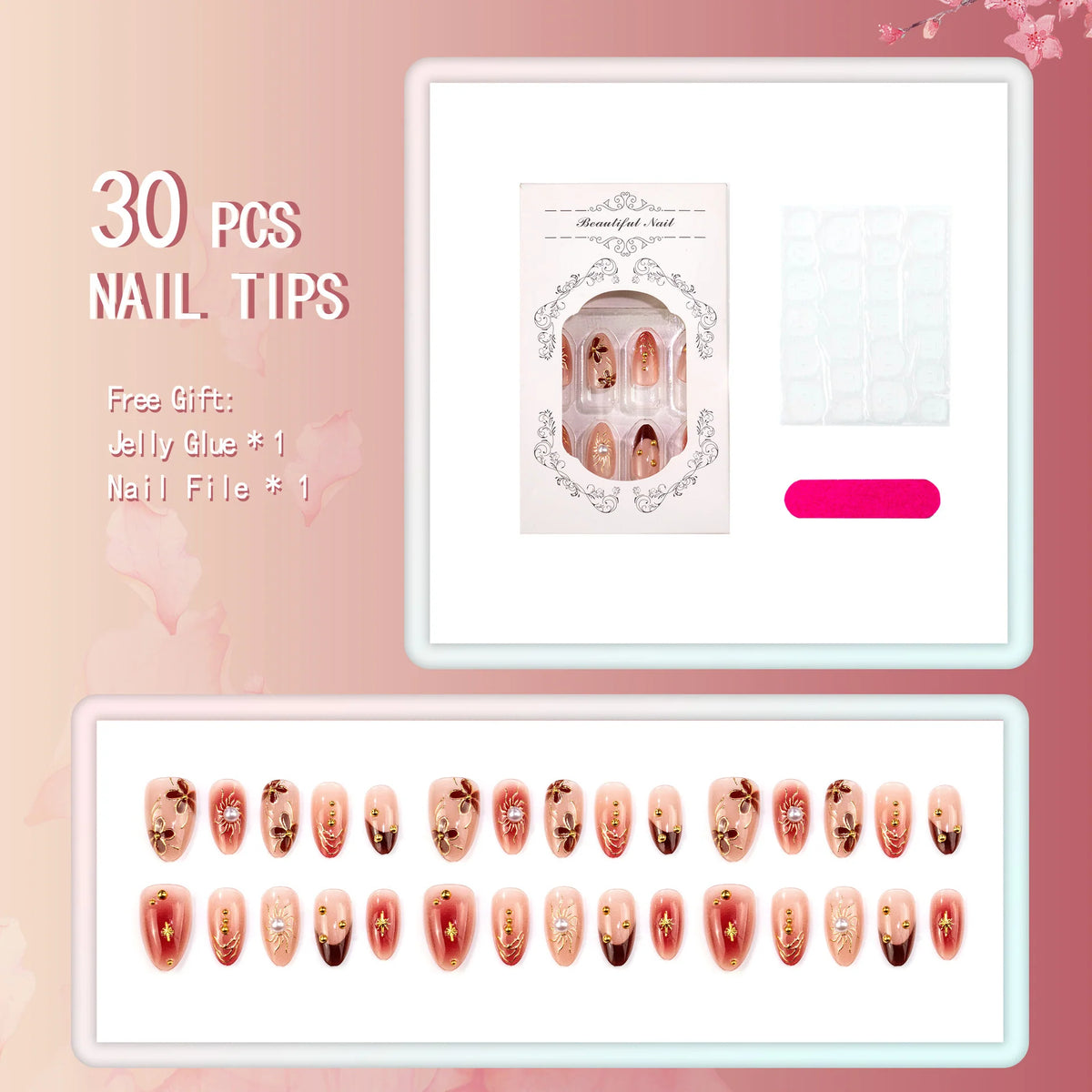 Press-On Nail Set Floral With Gold Accents Self-Adhesive