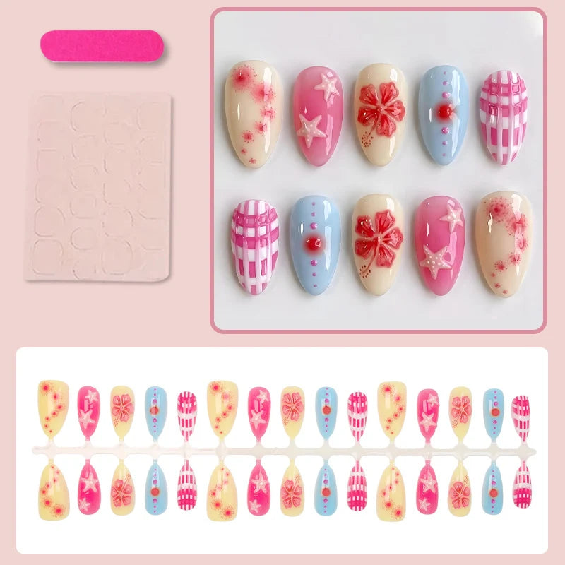 Press-On Nail Set Flower & Star Designs Stickers Included
