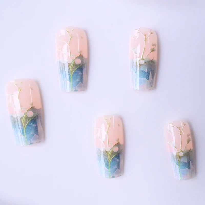 Press-On Nail Set French Floral & Butterfly Reusable