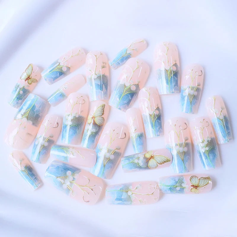 Press-On Nail Set French Floral & Butterfly Reusable