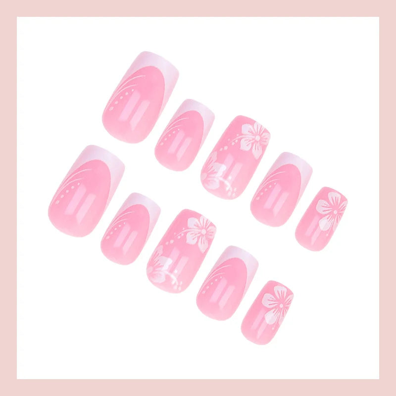 Press-On Nail Set French Tip & Floral Reusable