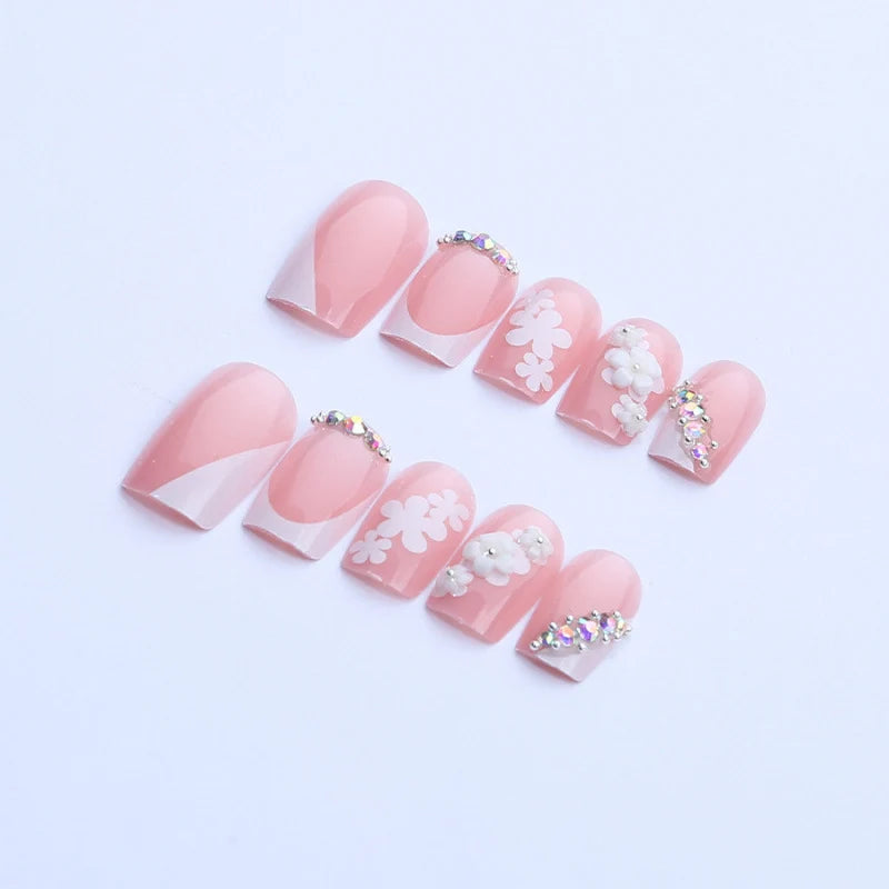 Press-On Nail Set French Tip & Floral Reusable