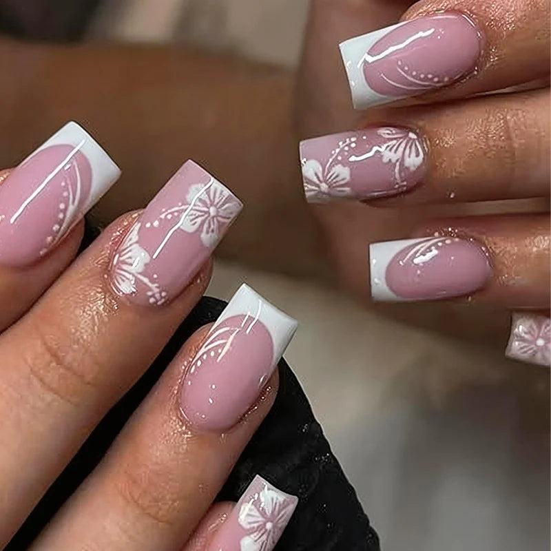 Press-On Nail Set French Tip & Floral Reusable