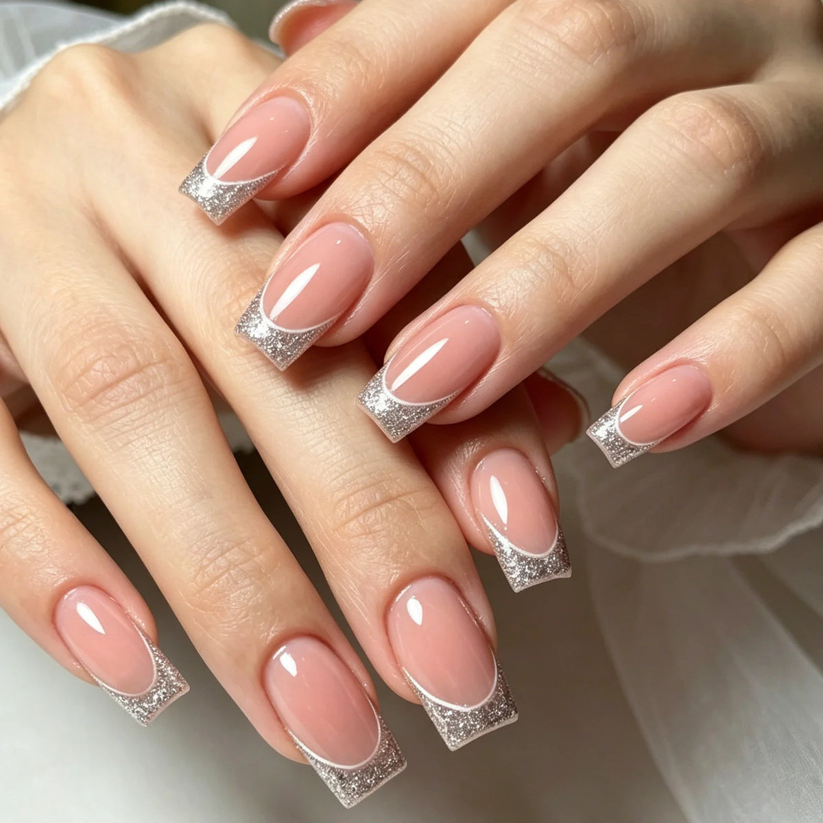 Press-On Nail Set French Tip & Glitter 24-Piece