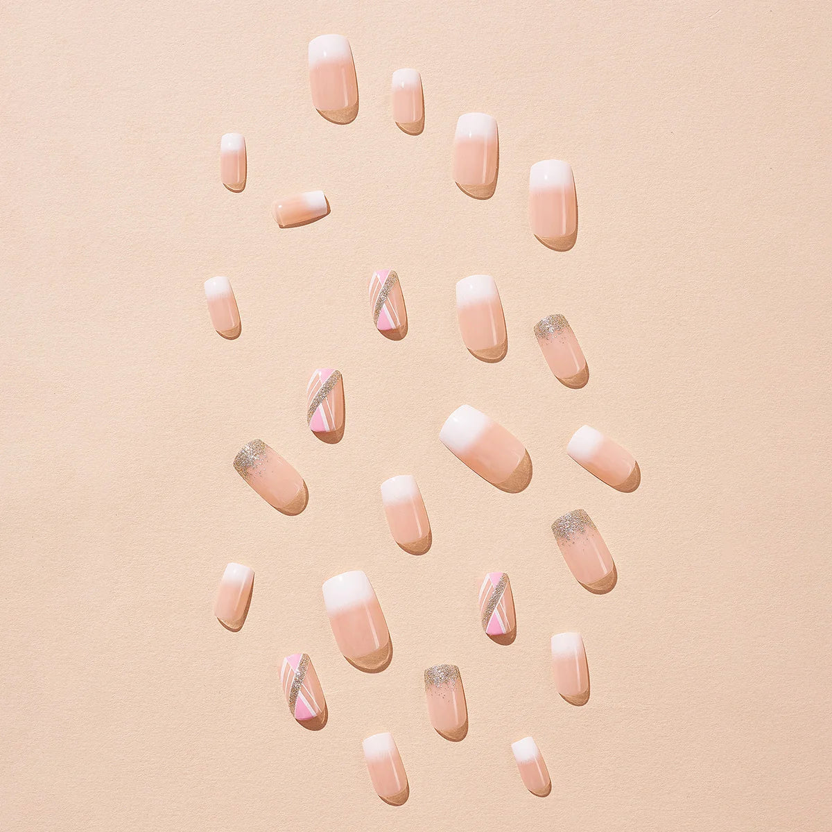 Press-On Nail Set French Tip Glitter Glue-Free