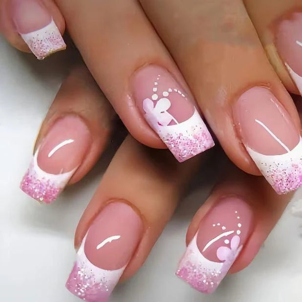 Press-On Nail Set French Tip Glitter Reusable