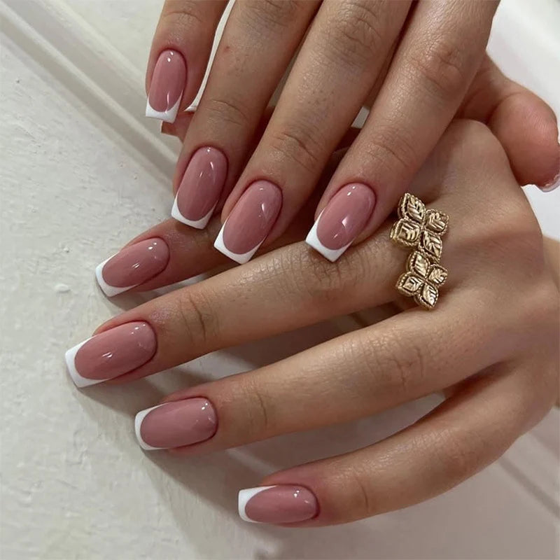 Press-On Nail Set French Tip Glossy & Reusable