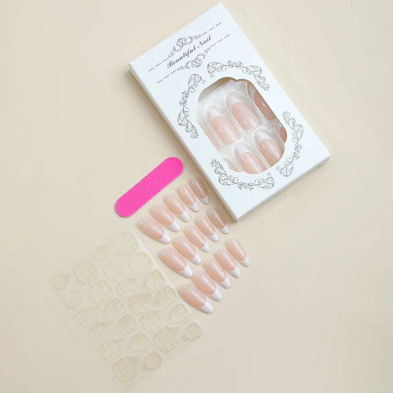 Press-On Nail Set French Tip Pre-Adhesive & Reusable