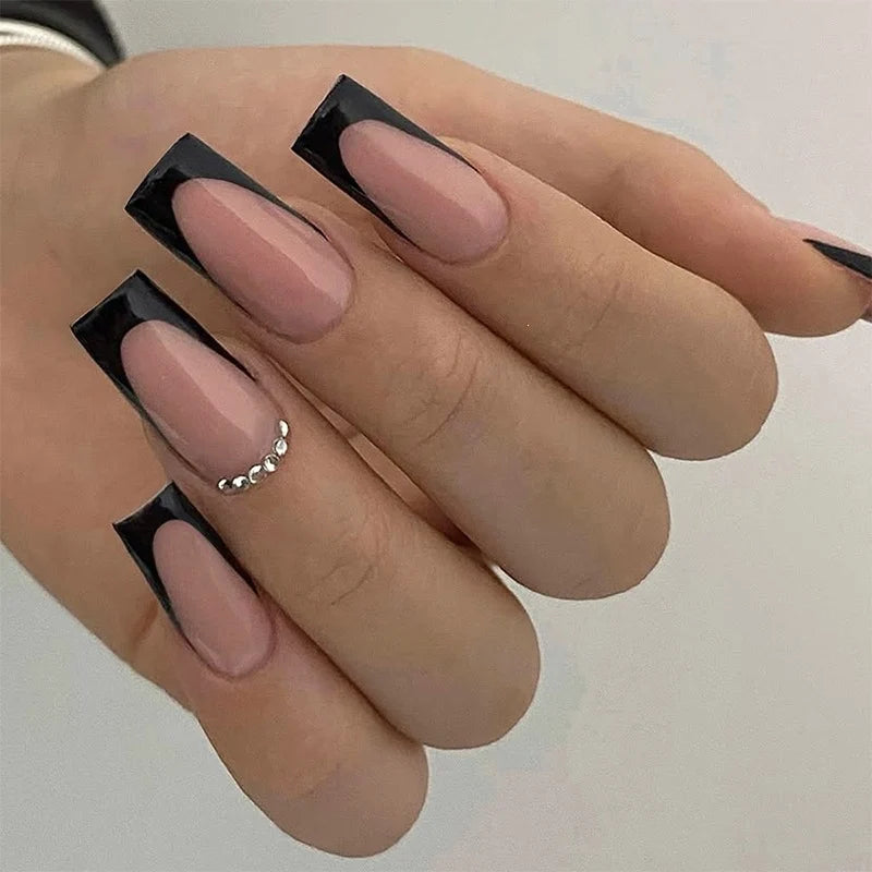 Press-On Nail Set French Tips & Glitter Long-Lasting Wear