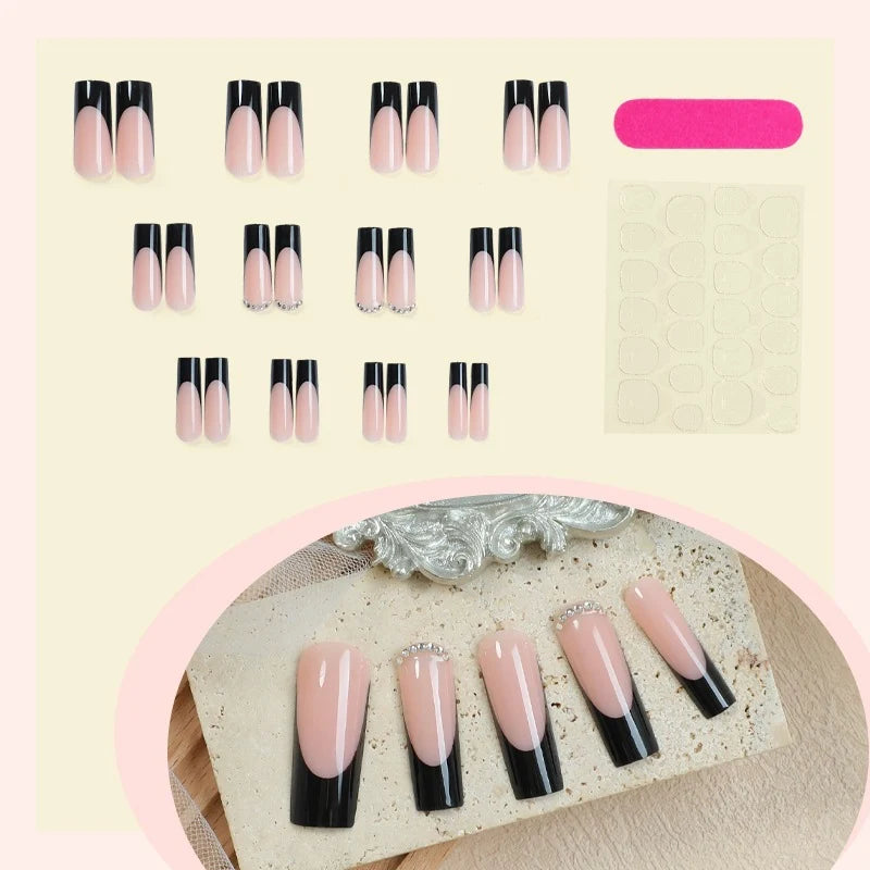 Press-On Nail Set French Tips & Glitter Long-Lasting Wear